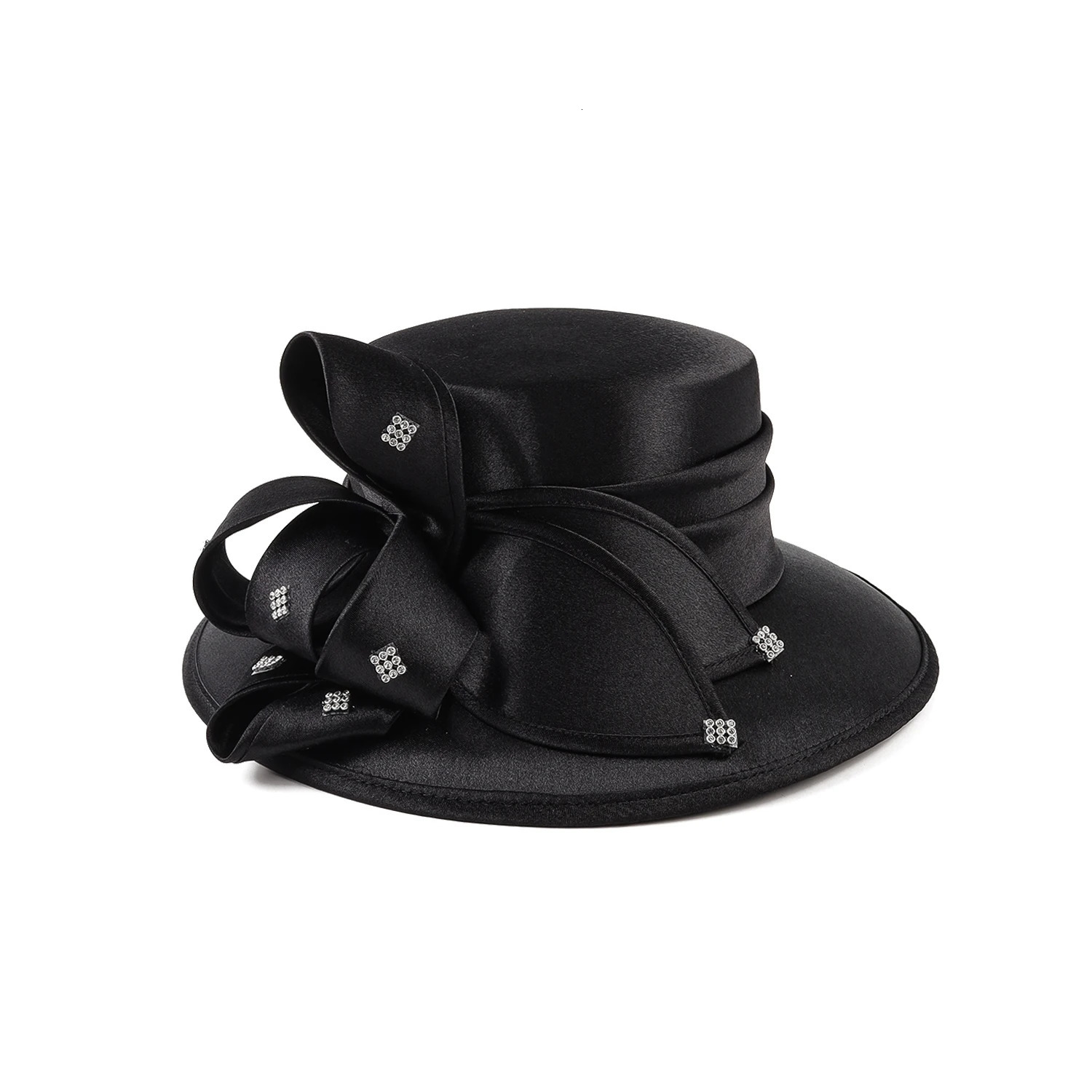 Premium Fancy Black Satin Cloth Church Hat Formal Pography Hats Chains Fashion Flower Wedding Top Hat for Women Ladies Girls 250430