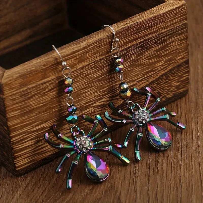 Colorful Spider Design Shiny Artificial Crystal Inlaid Dangle Party Punk Style Sier Color Jewelry Halloween Earrings