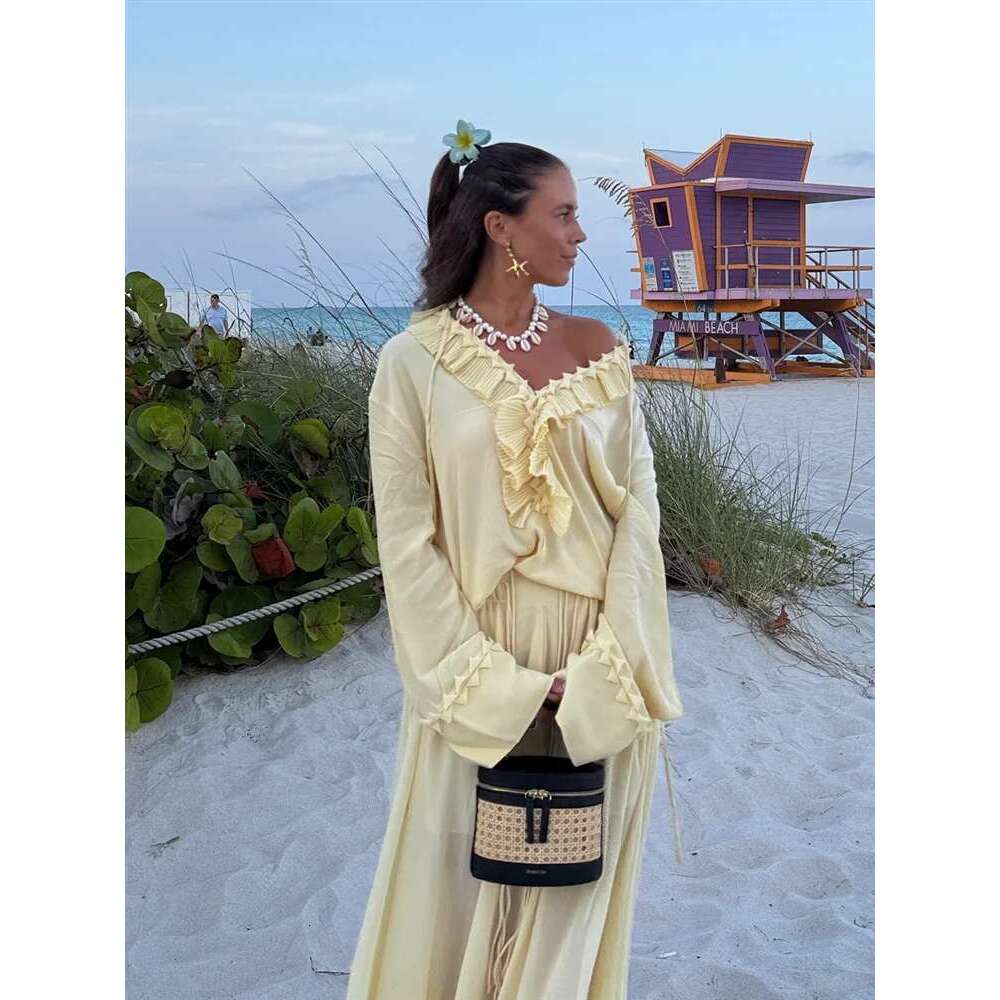 V-Neck Lace Up Waist Cinching Shirt Woman Casual Set Pleated Loose Solid Color Skirt Chic Elegant Versatile Baggy Women's Suits