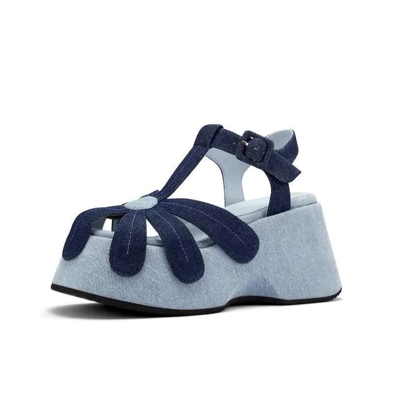 Hollow Flower Denim Mixed Colors Black Simple Commuter Sandals Roman Women Thick Platform Shoes
