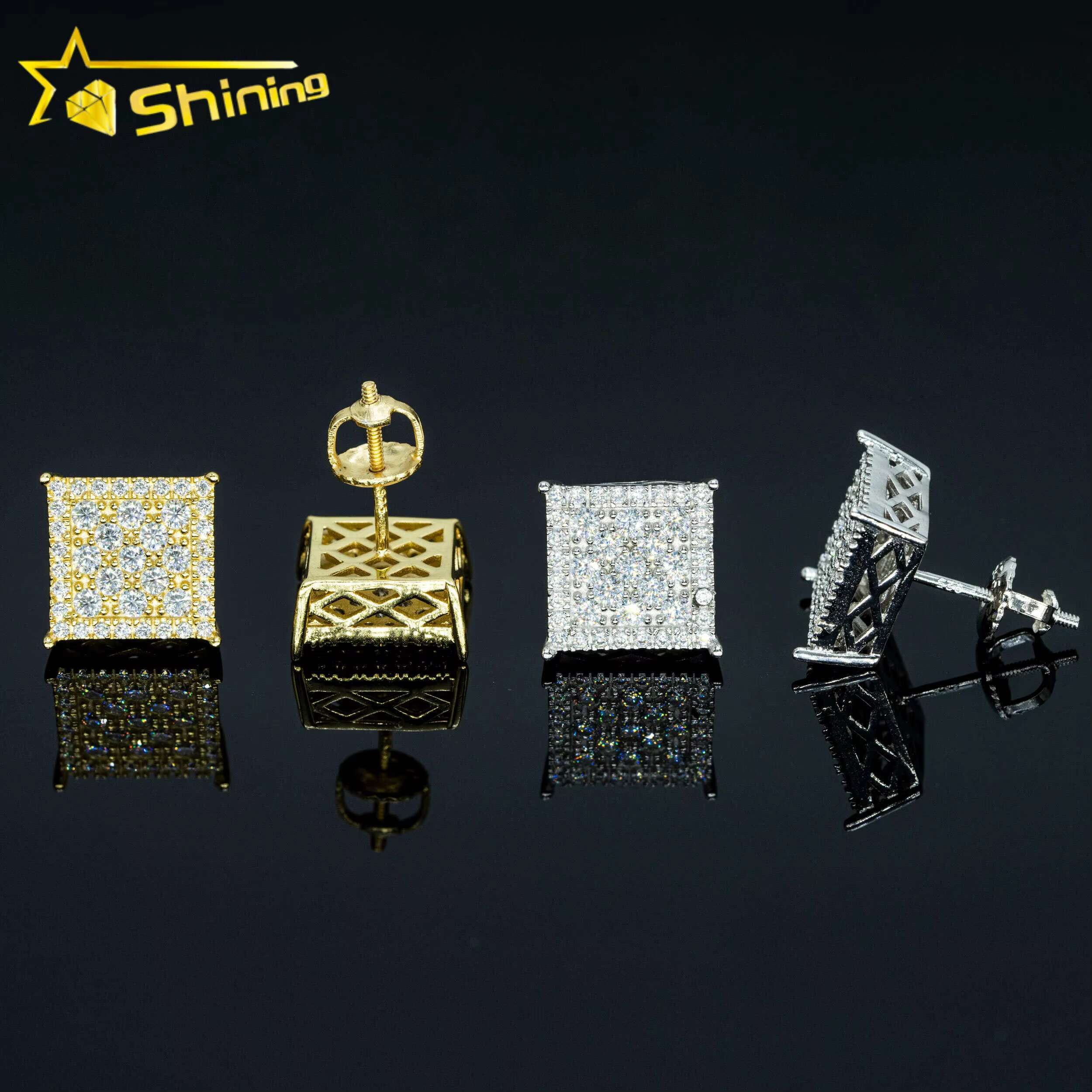 Square Shape Natural Diamond Earrings Fashion Hip Hop Moissanite Jewelry 925 Sterling Silver Stud Earrings Screw Back