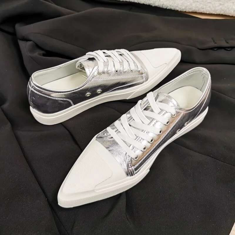 Brand Canvas Sneakers Pointed Thick Soled Casual Lace Solid Fashionable Simple Novel Women Flat Shoes