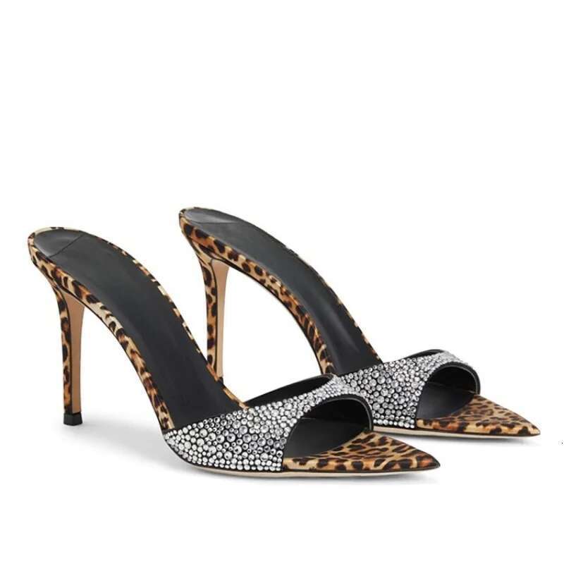 Leopard Printed Slip On Mules Shiny Crystal Thin Heeled Pointed Toe Pumps Stiletto Heels Party Women High Heel Shoes slippers