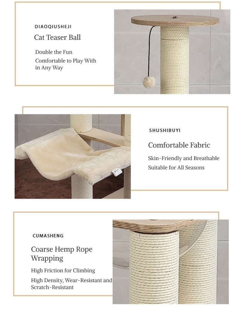 Beige, High 41.6 Inch.Cat Tree Eco-Friendly Solid Timber Multi-Level Large Cat Tree Tower Tall Perfect Playground