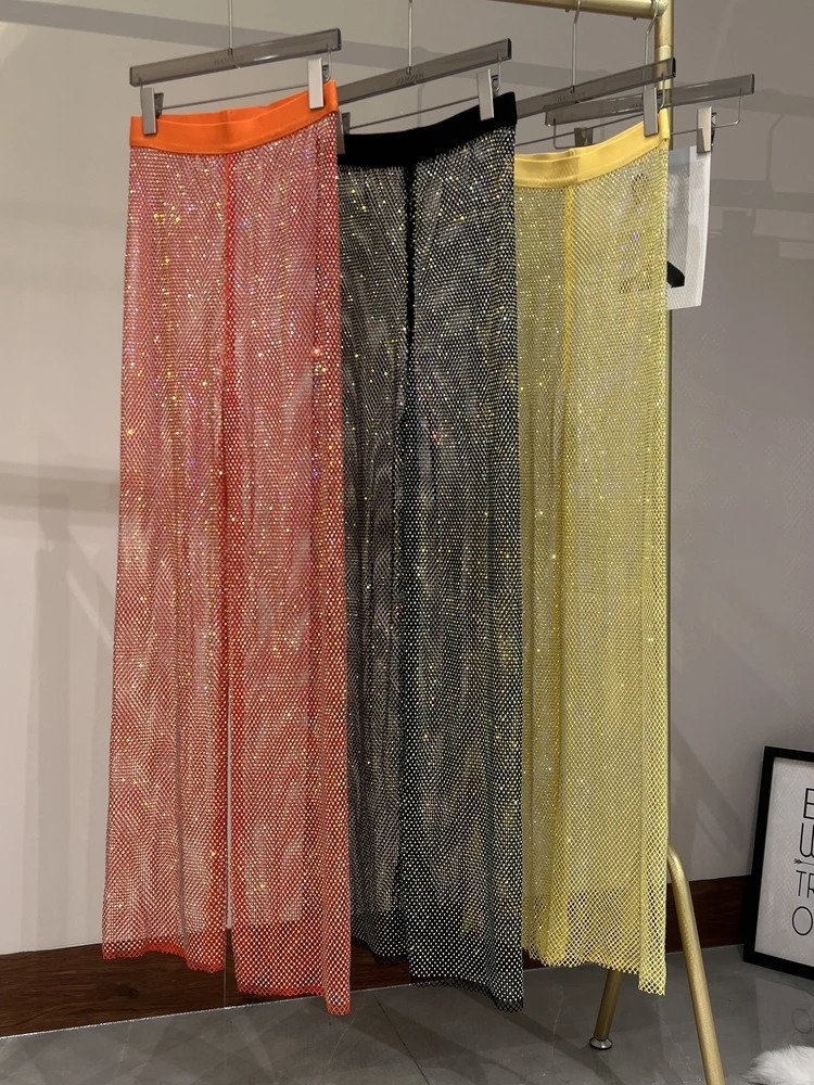 Summer Sexy Hollowed Out European and American Style AB Color Diamond Flash Grid Rhinestone Wide Leg Pants Nightclub 250428