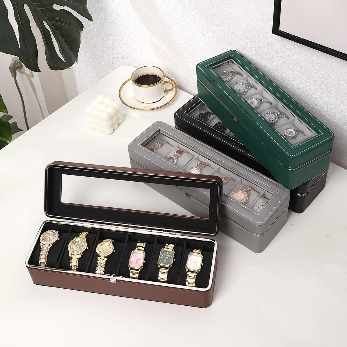 Portable leather watch box high-quality watch organizer jewelry storage box zipper easy to carry mens 6-slot watch box 250430