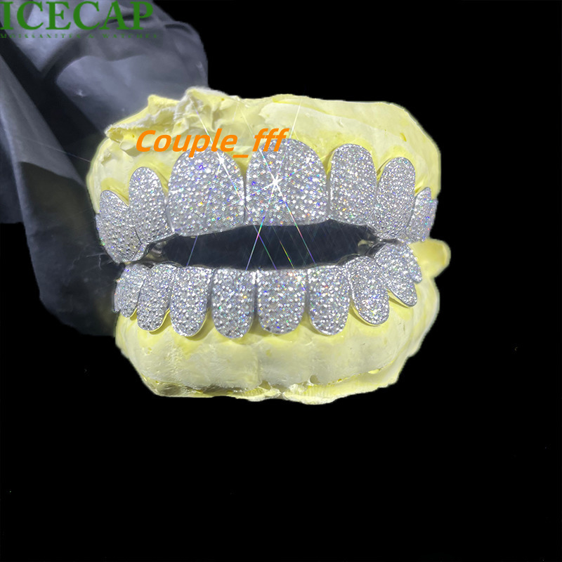 Custom Deep Cut Grillz S925 Silver VVS Moissanite Teeth Hip Hop Style 18K White Gold Honeycomb Setting Diamond Iced Out Grillz