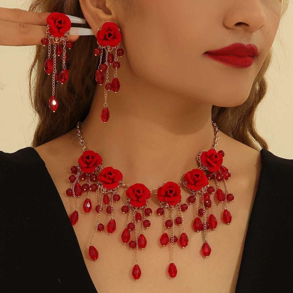 3Pcs/Set Elegant Vintage Red Rose Crystal Tassel Pendant Necklace And Earrings Romantic Jewelry Set, Zinc Alloy, Stainless Steel
