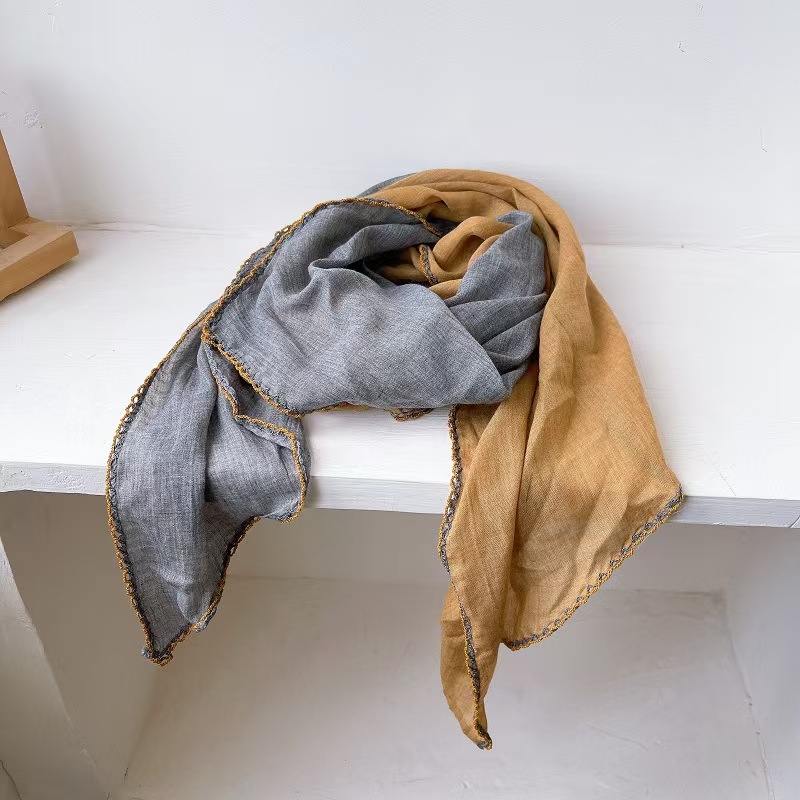 T604 double solid color stitching cotton and linen diamond scarf spring and autumn literary retro neck warm scarf versatile decorative small scarf