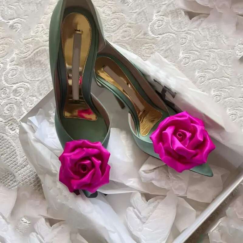 Spring and summer new pointed side empty satin rose flower single shoes thin high-heeled banquet dress versatile women's sandals