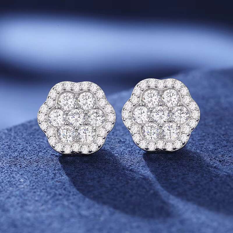 Luxury Birthday Gift VVS Moissanite White Gold 925 Sterling Silver Lotus Flower Stud Earrings for Mens Women