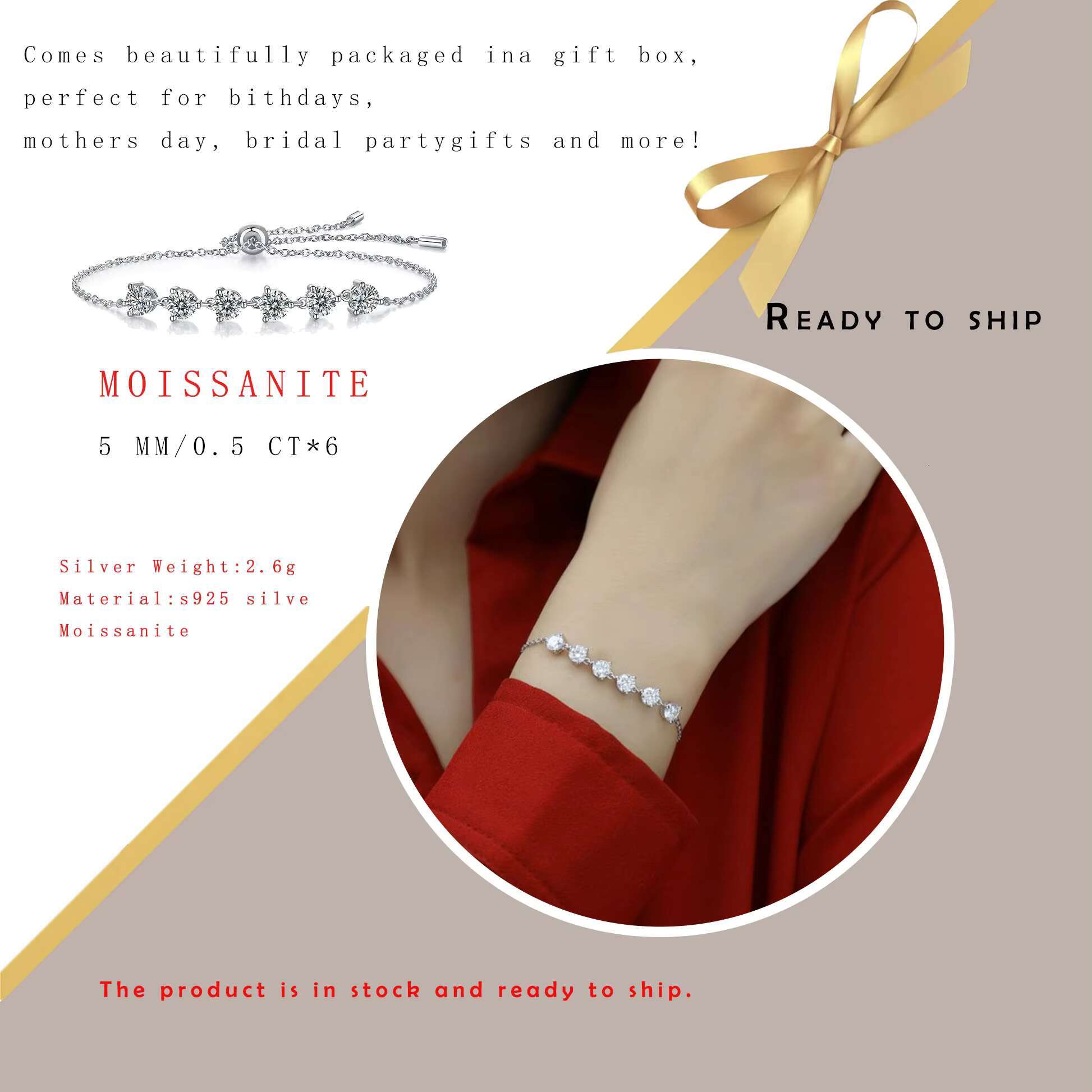 5.0 Moissanite Tennis Bracelet Adjustable Length S925 Silver Plated 18k Gold Homecoming Graduation Season Gifts Daily Wear