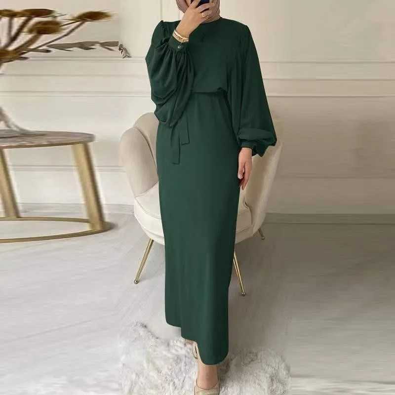 Bohemian womens dress spring and summer fashion lantern long sleeved belt bag hip O-neck casual long skirt W250430