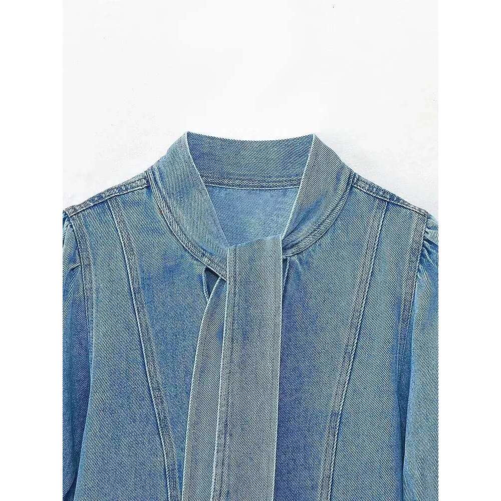2025 Women Blouse Fashion New Bowtie Neckline Denim Shirt Casual Loose Fitting Long Sleeves Woman Blouses And Shirts Top