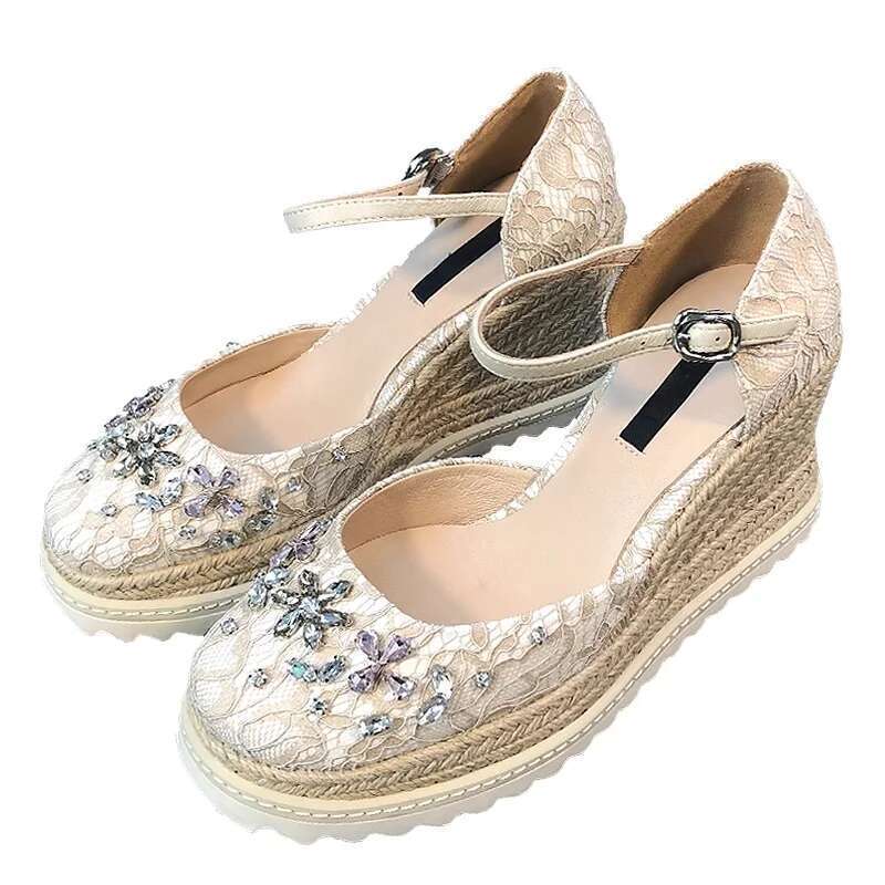 Buckle Strap Espadrille Wedge High Heels Bohemia Lace Wedding Ladies Summer Platform Casual Shoes Sandals Women