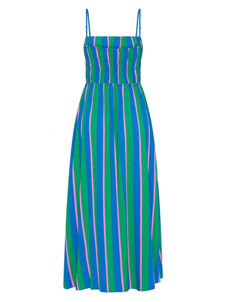 2025 Summer Fashion Womens Elegant Beach Vacation Dress with Strap Printing Stripe Casual Long A-line Dress 250428