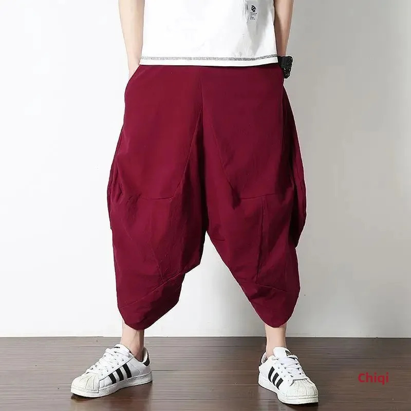 Mens casual linen pants loose in Chinese style suitable for flowers fashionable in summer retro low waist wide leg pants 250427