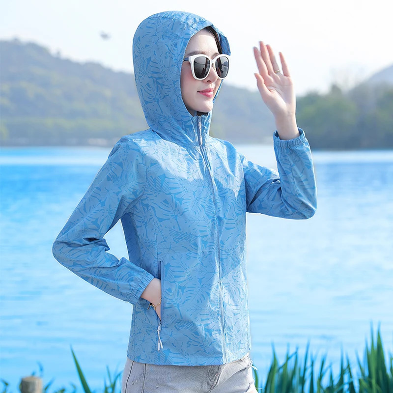 Womens SpringSummer Thin Silk Printed Hoodie Anti UV Jacket Casual Edition Outdoor Breathable Sunscreen 250428