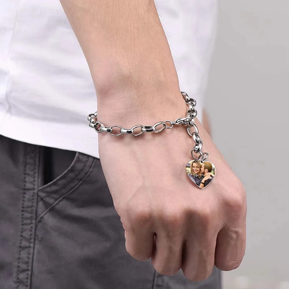 U7 Stainless Steel Custom Po Heart Locket Bracelet for Women 7mm Box Chain Adjustable Personalized Unisex BFF Couple Jewelry 250430