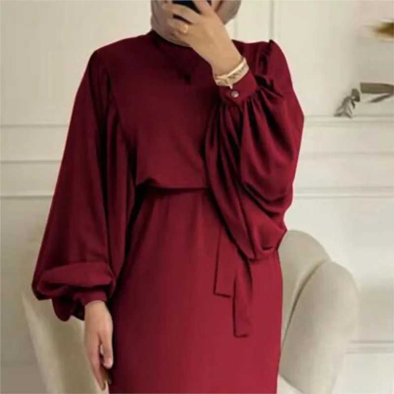 Bohemian womens dress spring and summer fashion lantern long sleeved belt bag hip O-neck casual long skirt W250430