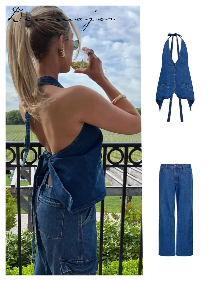 Denim camisole vest pants set womens Vneck backless single chest wide leg Trouser summer sexy dress 250530