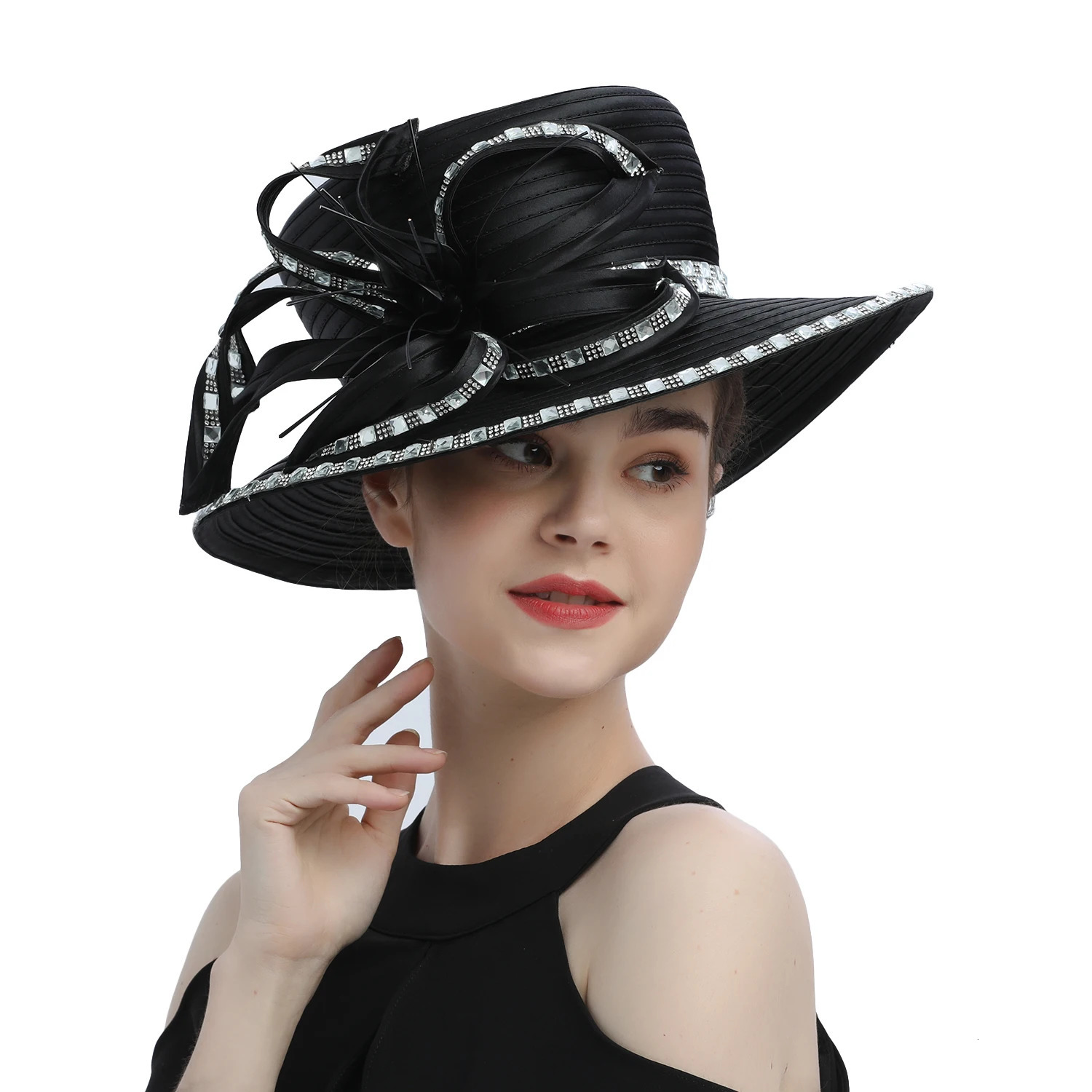 Premium Fancy Black Satin Cloth Church Hat Formal Pography Hats Chains Fashion Flower Wedding Top Hat for Women Ladies Girls 250430