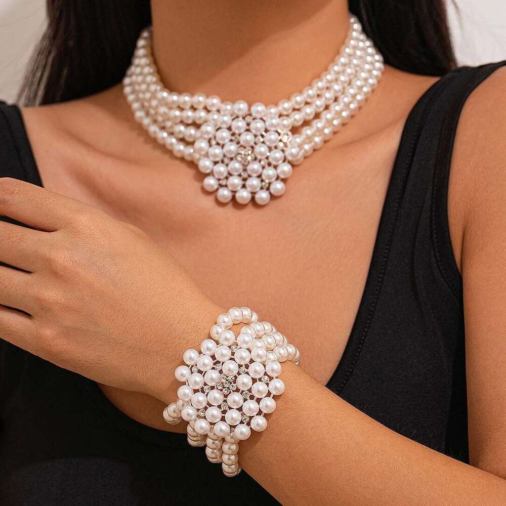 Ingemark 2Pcs Elegant Multilayer Imitation Pearl Chain Necklace Bracelet Women Wed Bridal Flower Choker Aesthetic Jewelry Set