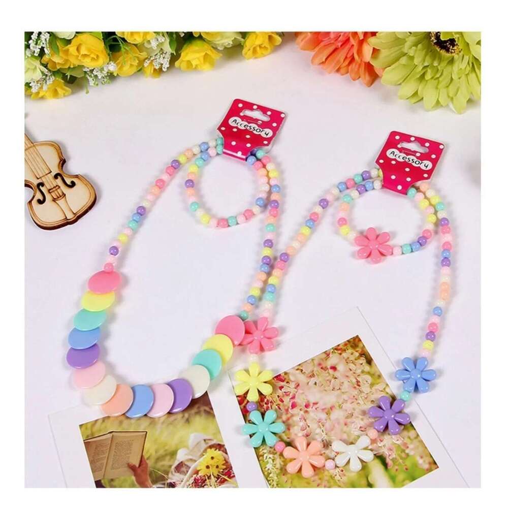 Candy Color Beads Jewelry Flower Bow Strawberry Necklace Bracelet 2Pc/Set Children Party Girl Birthday Gift