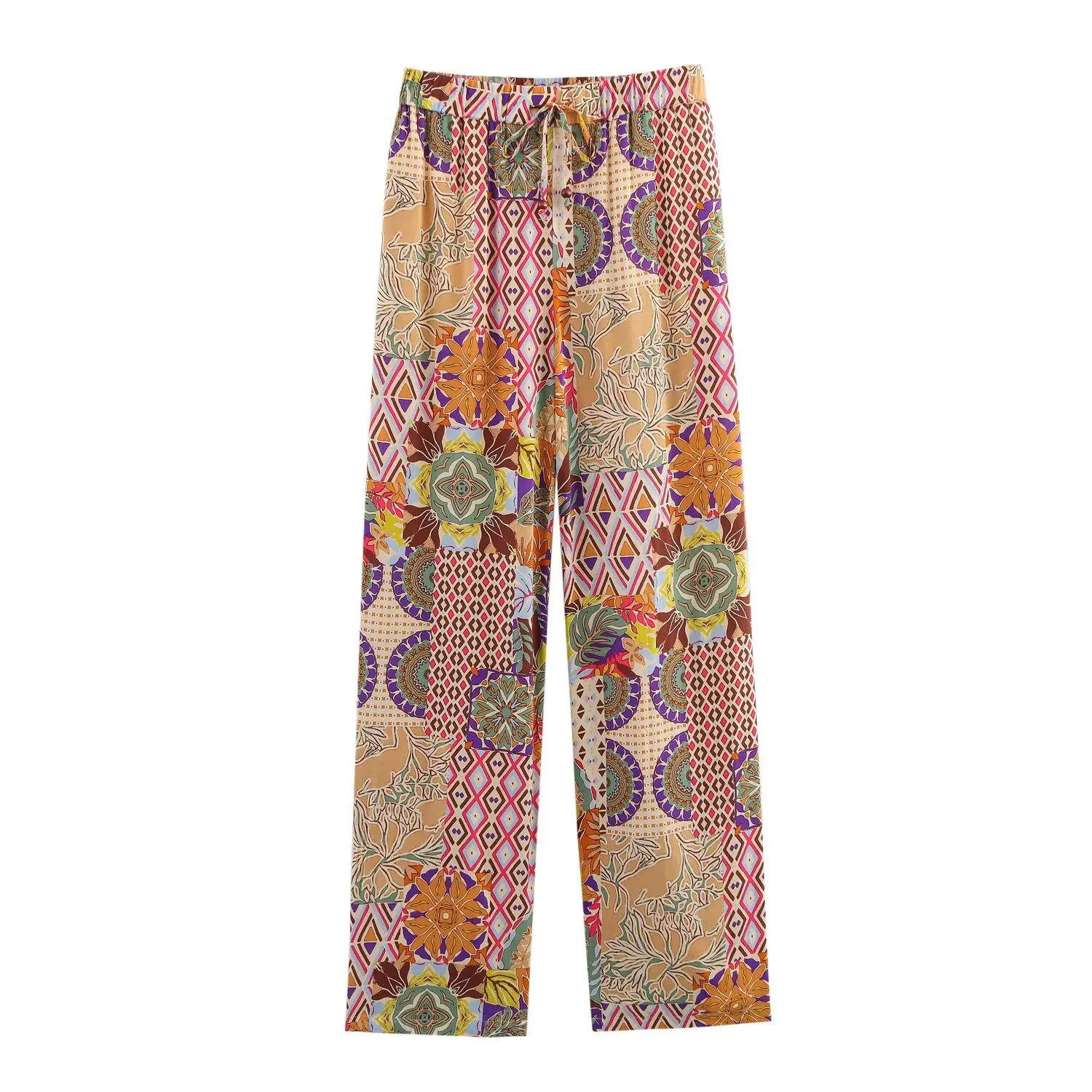 womens clothing set for featuring a brushed waist and Vbow tie with crop top Bohemian print on the front suitable daily wear 250530