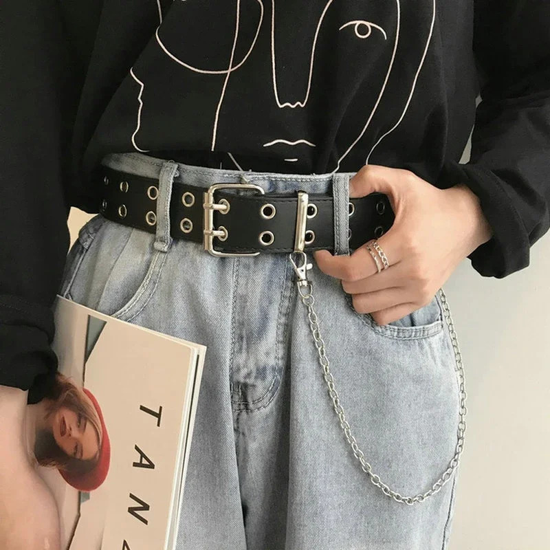 Women Double Ring Belts Double Hole Eyelet Grommet Leather Buckle Punk Pin Belt Leisure Dress Jeans Gothic Waistband 250430