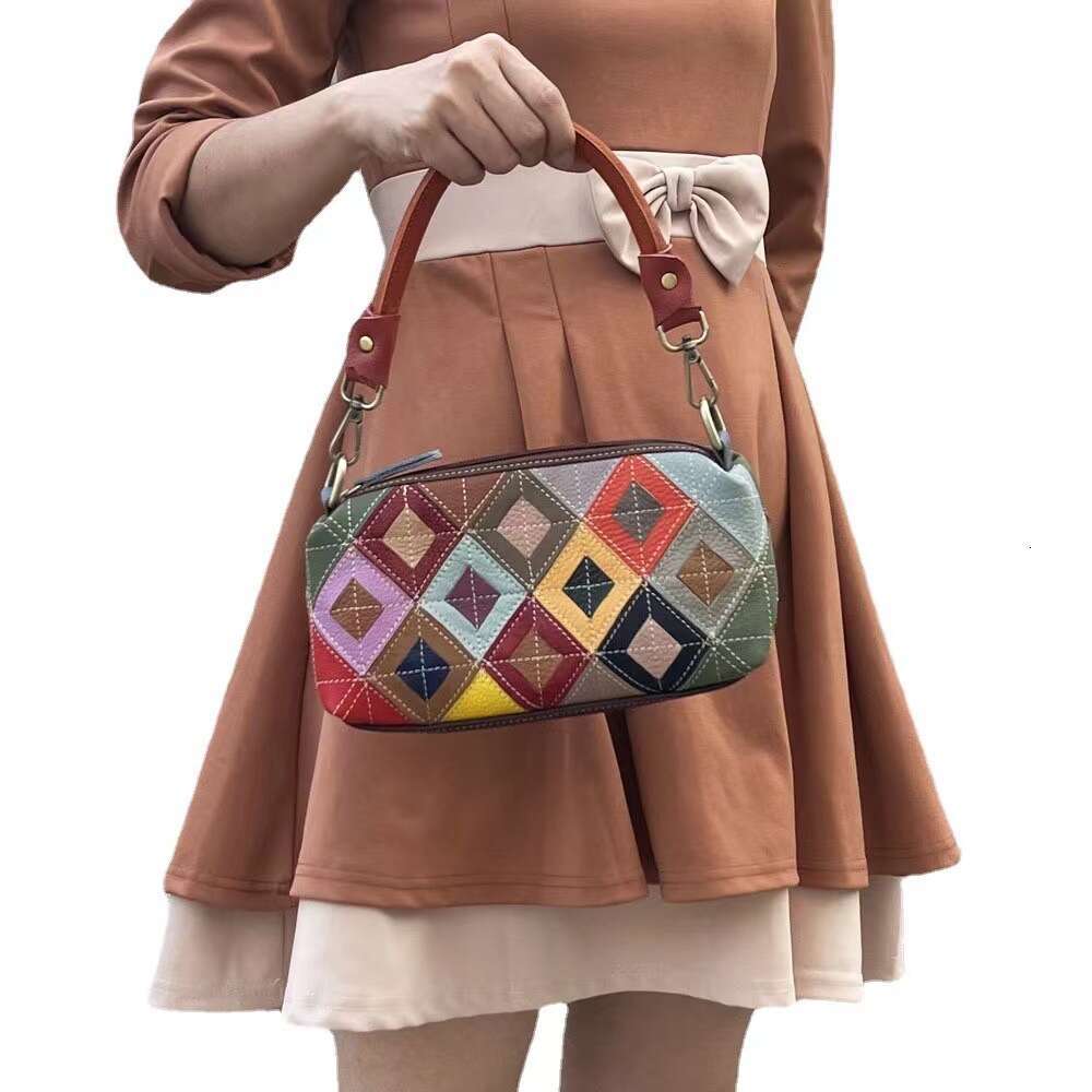 designer Women's bag Fashionable women's armpit colorful genuine leather checkered spliced mobile phone bag, hand-held crossbody bag