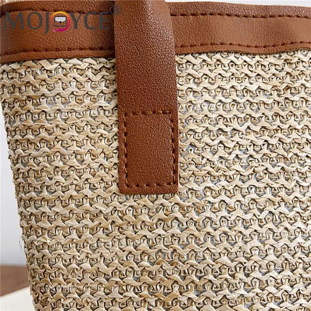 Women Fashion Bucket Straw Shoulder Bag PU Woven Totes Crossbody Handbags