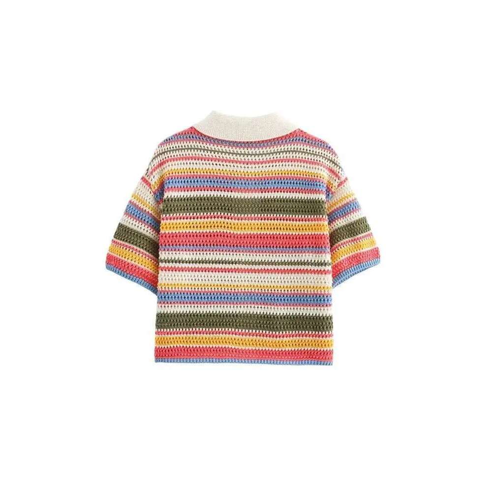 Trza-Women's Striped Crochet Knit Crop Sweater, Polo Collar, Short Sleeve, Button-Up, Female Outerwear, Chic Tops, Fashion