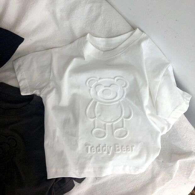 Boys T-Shirt, Printed Teddy Bear, Children's Three-Dimensional Soft Cotton, Summer Short Sleeved T-Shirt, Girls And Babies Casual Top, Bottom Lay
