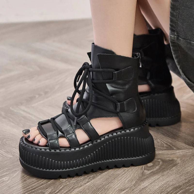 7.5cm Genuine Leather Women Sandals Loafer Shoes Platform Wedge Comfy Hollow ZIP Summer Rubber Peep Toe Retro Flats Ankle BootS 250428