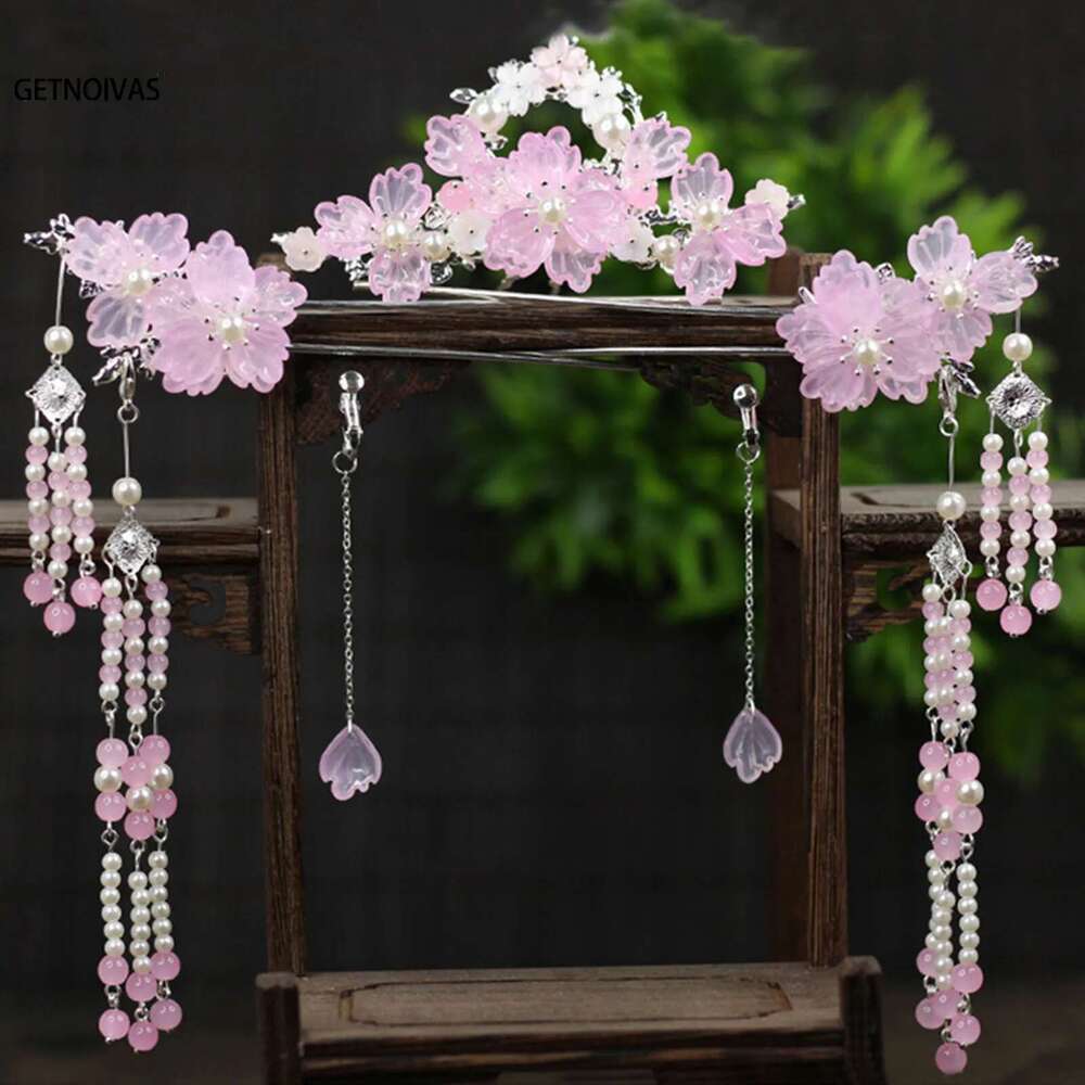 Ancient Hanfu Sticks Tassel Flower Earring Hairpin Set Girl Gift Bridal Headdress Retro Wedding Hair Accessories Headwear