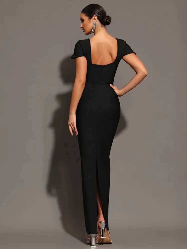 Womens Celebrity Sexy Square Collar Black Red Blue Maxi Long Belt Dress 2025 EleGant Nightclub Party Set W250430