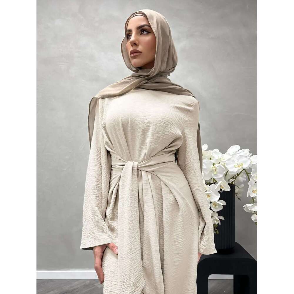 2025 Fashion Dubai Solid Belt Long Dresses For Muslim Woman Elegant Casual Marocain Islam Saudi Plain Caftan Turkish Clothing