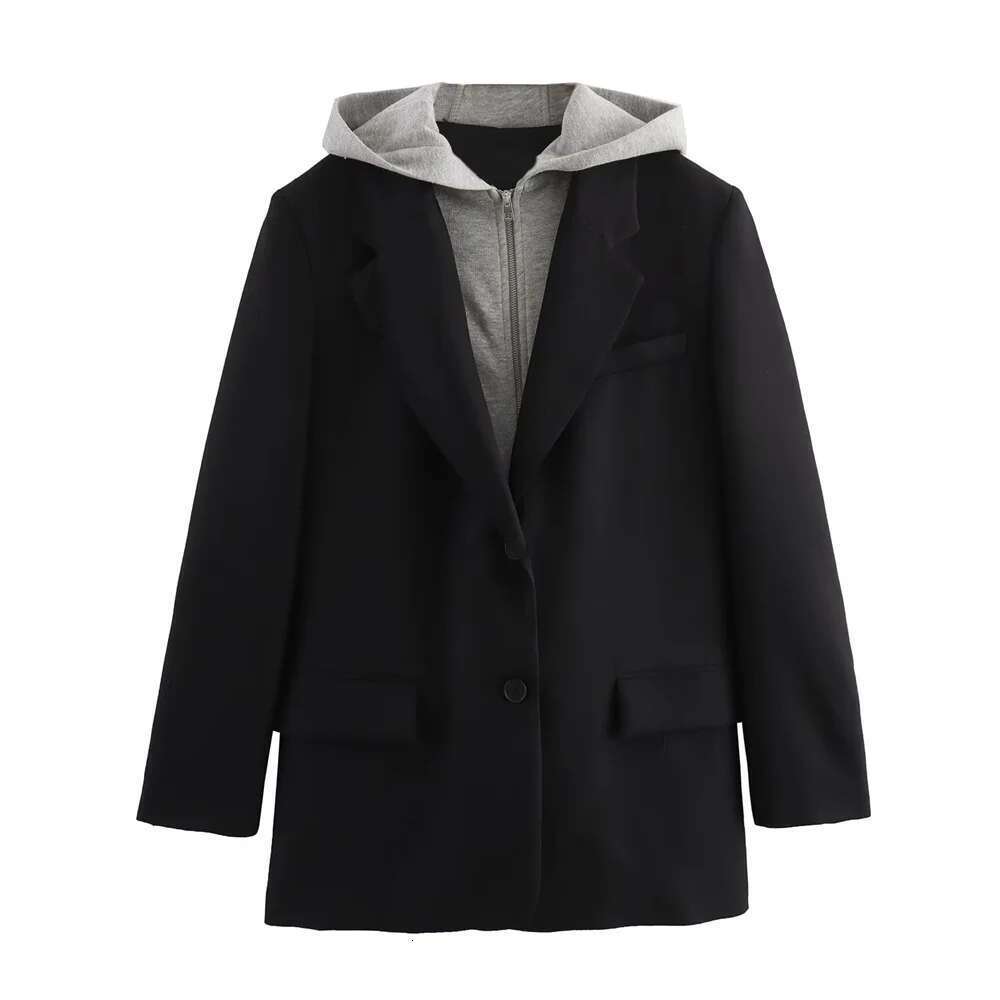 UNIZERA women's fake two-piece hooded casual lapel, loose fit jacket, spliced suit, spring autumn winter, new style