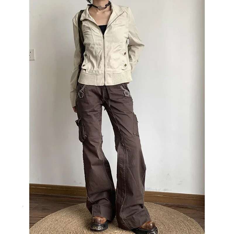 Y2K Aesthetic Brown Spliced Flare Jeans Women High Waist Streetwear Cargo Jean Pants Vintage Denim Trousers Grunge Pantalones