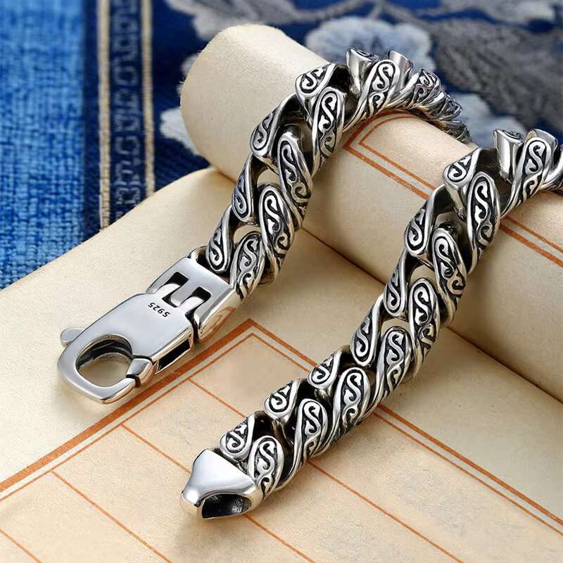 925 Silver Personality Tang Grass Bracelet Mens Silver Coarse Boys Hip Hop Street Fashion Ethnic Style Sterling Silver Bracelet