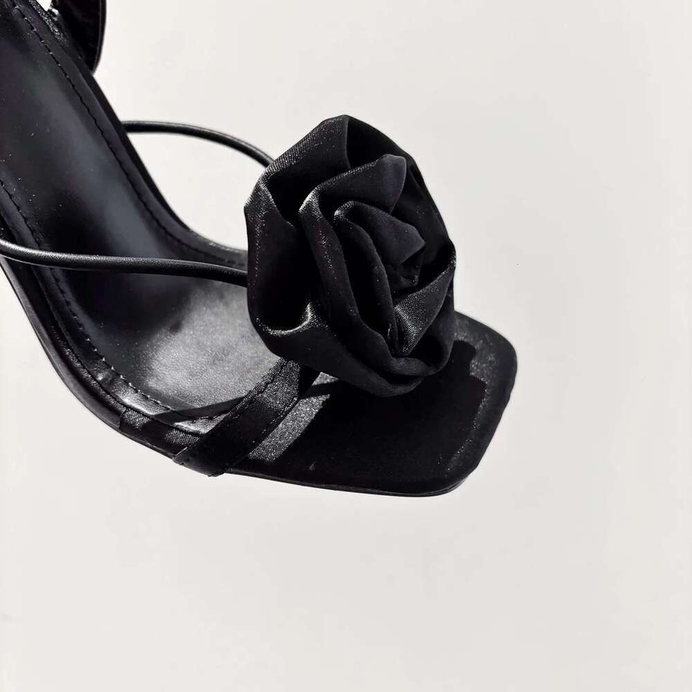 Quality Brands Sandals Fashion Open High Heel Flowers Decorate Single Square Toe Thin Strap Women's Shoes