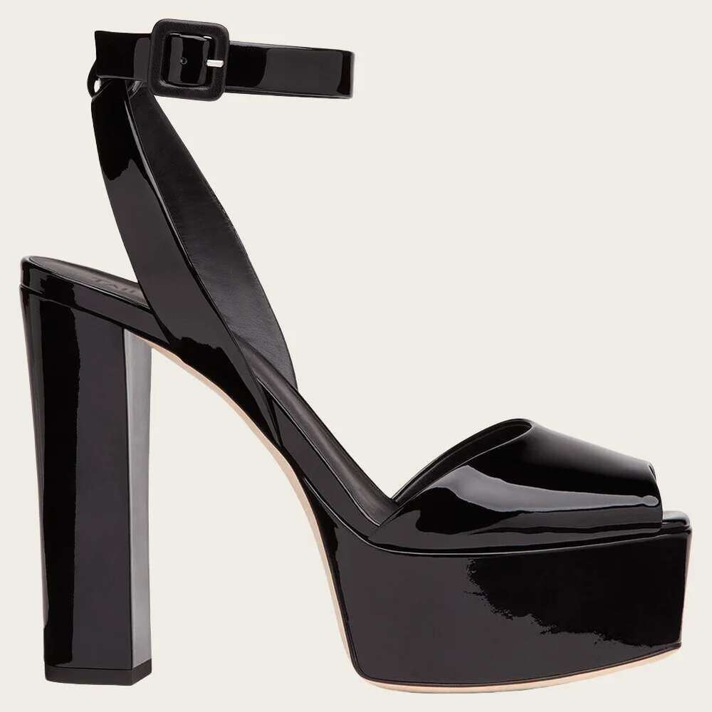 New Fashion Sequined Thick Soled Sandals Open Toe Block Heels Ankle Buckle Women's Party Dress Shoes