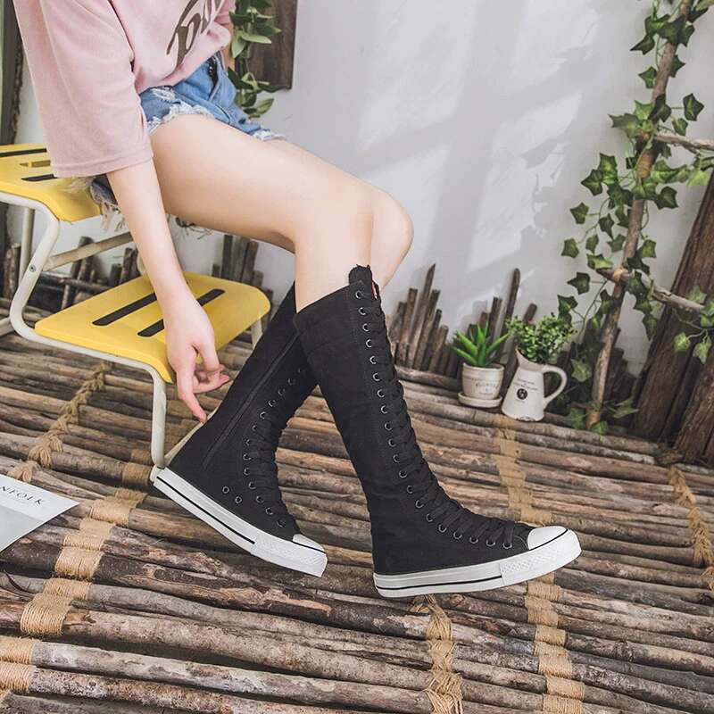 Spring and Autumn New Round Toe Heightening Casual Lace-up Soft Sole High-top Flat Daily Large Size Canvas Women's Shoes