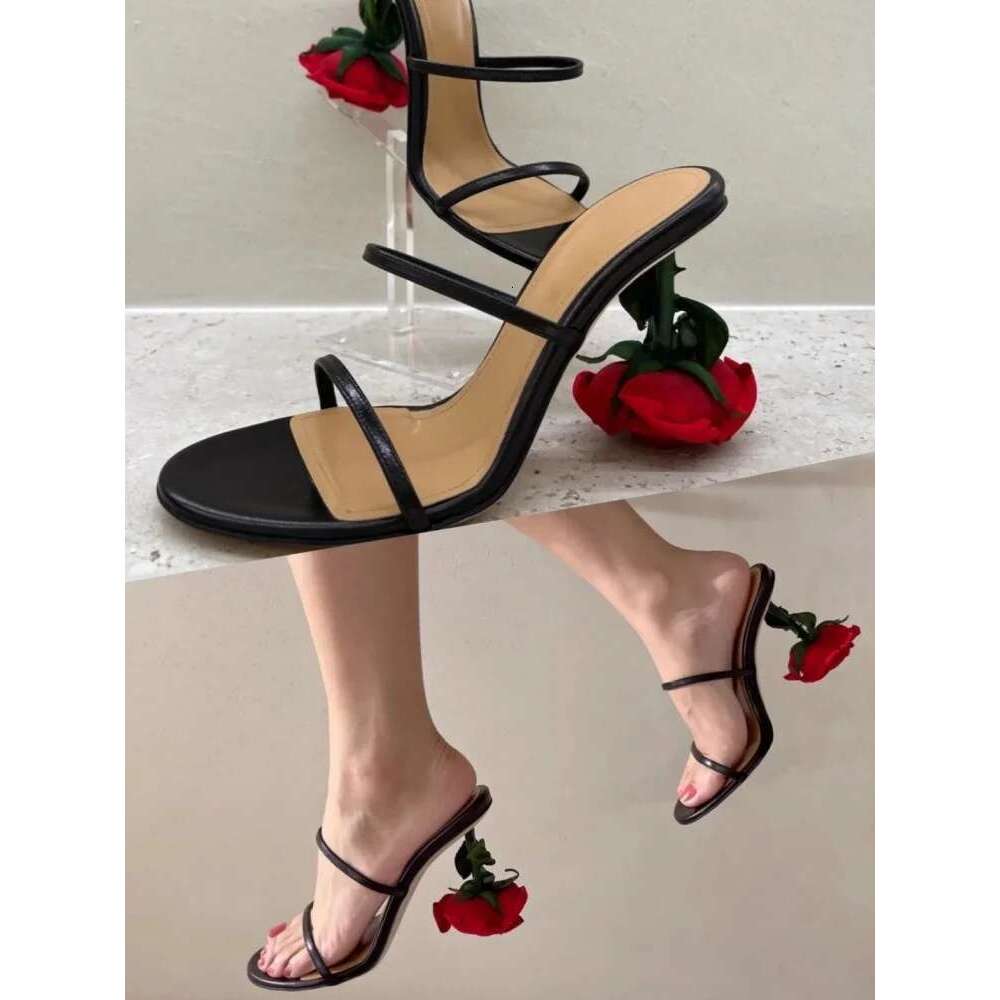 Brand Rose High Heels Thin Strap Sandals Floral Open Toe Women's Slippers Comfortable Casual Shoes Women