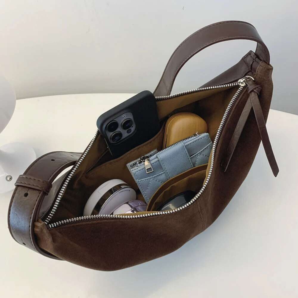 Crescent Women Men Adjustable Strap Shoulder Suede Multi-pocket Crossbody Dumpling Bag for Work Travel