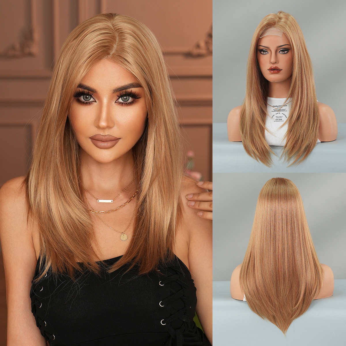 Hot Asian Girl Wig Gold Small Lace Wig Full Headset Layered Inner Buckle Straight Hair Simulation Sewing Wig