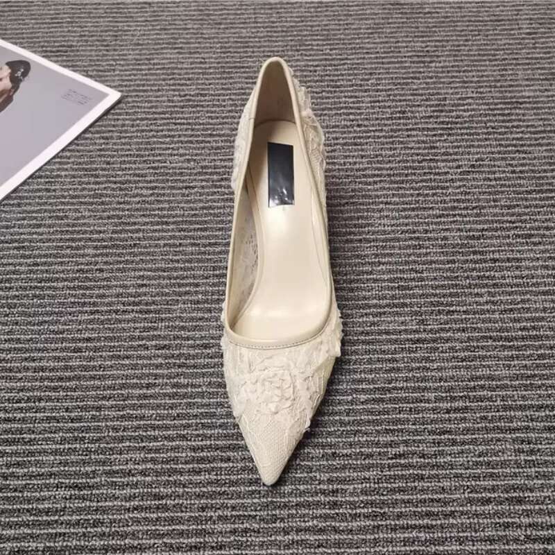 Fashionable Women Stilettos Lace Breathable High Heels Sexy Pointed Mesh Shallow Sandals Elegant Wedding Shoes Slip on Sho