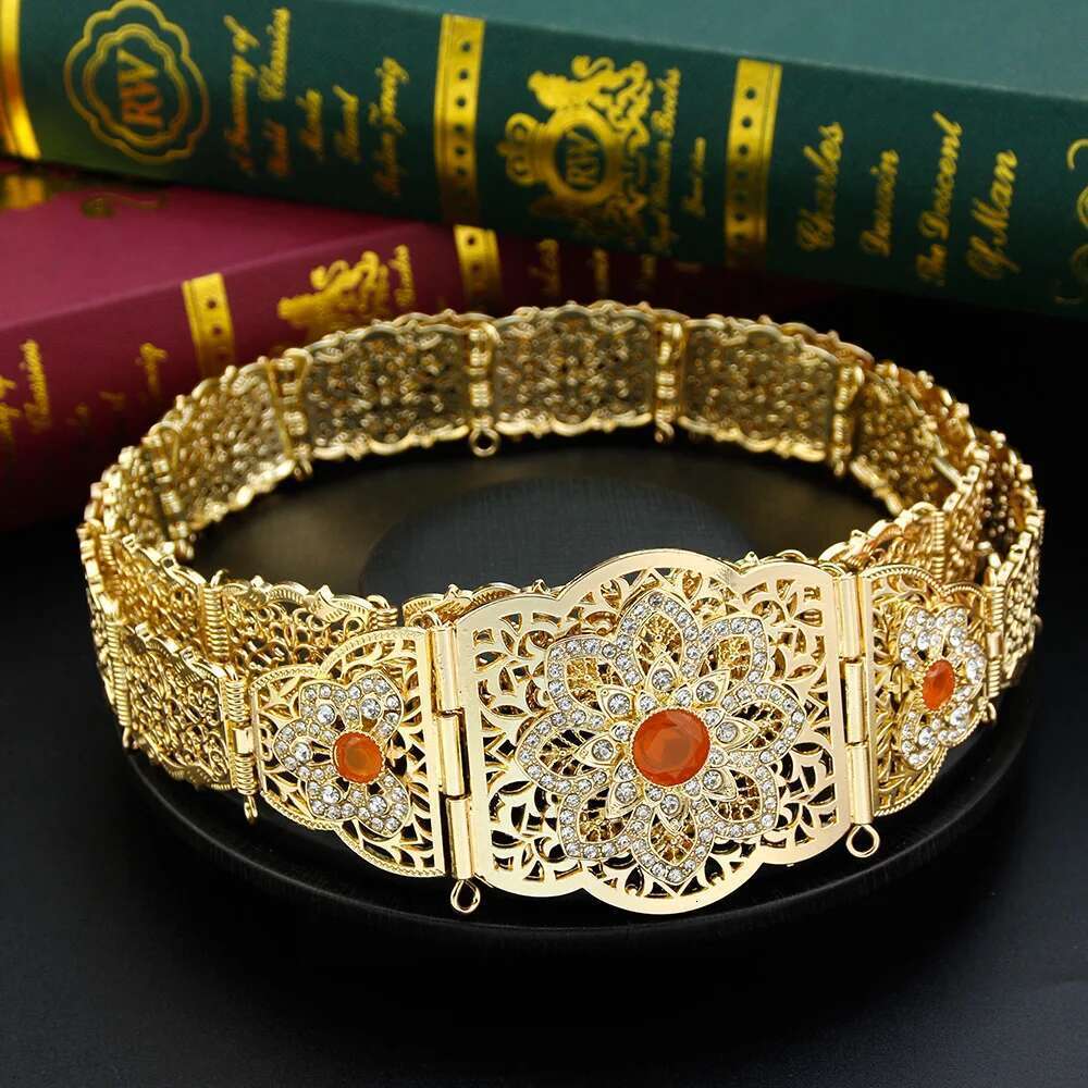 Neovisson Elegent Morocco Jewelry Sets Gold Color Waist Chain Belt Orange Crystal Choker Necklace Drop Earring Brooch Gift