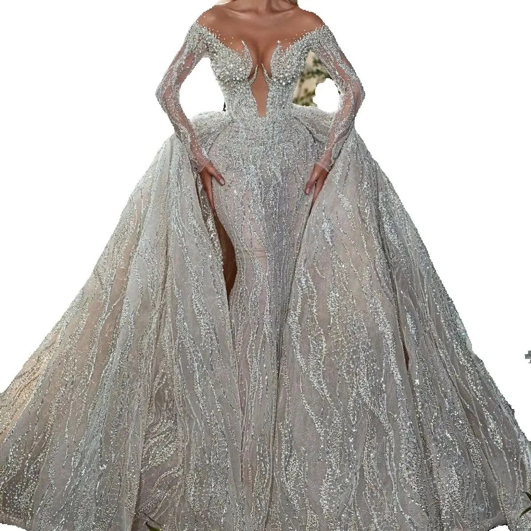 Elegant Pearls Mermaid Wedding Dresses with Detachable Train Off Shoulder Long Sleeve Beads Illusion Bridal Gowns Robe de mariee